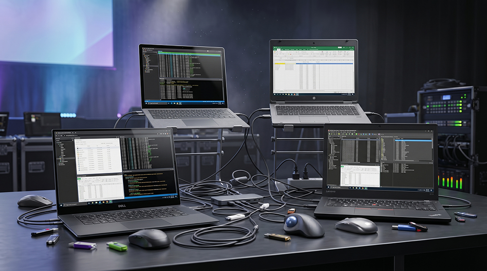 A chaotic live event production desk with multiple laptops and cables